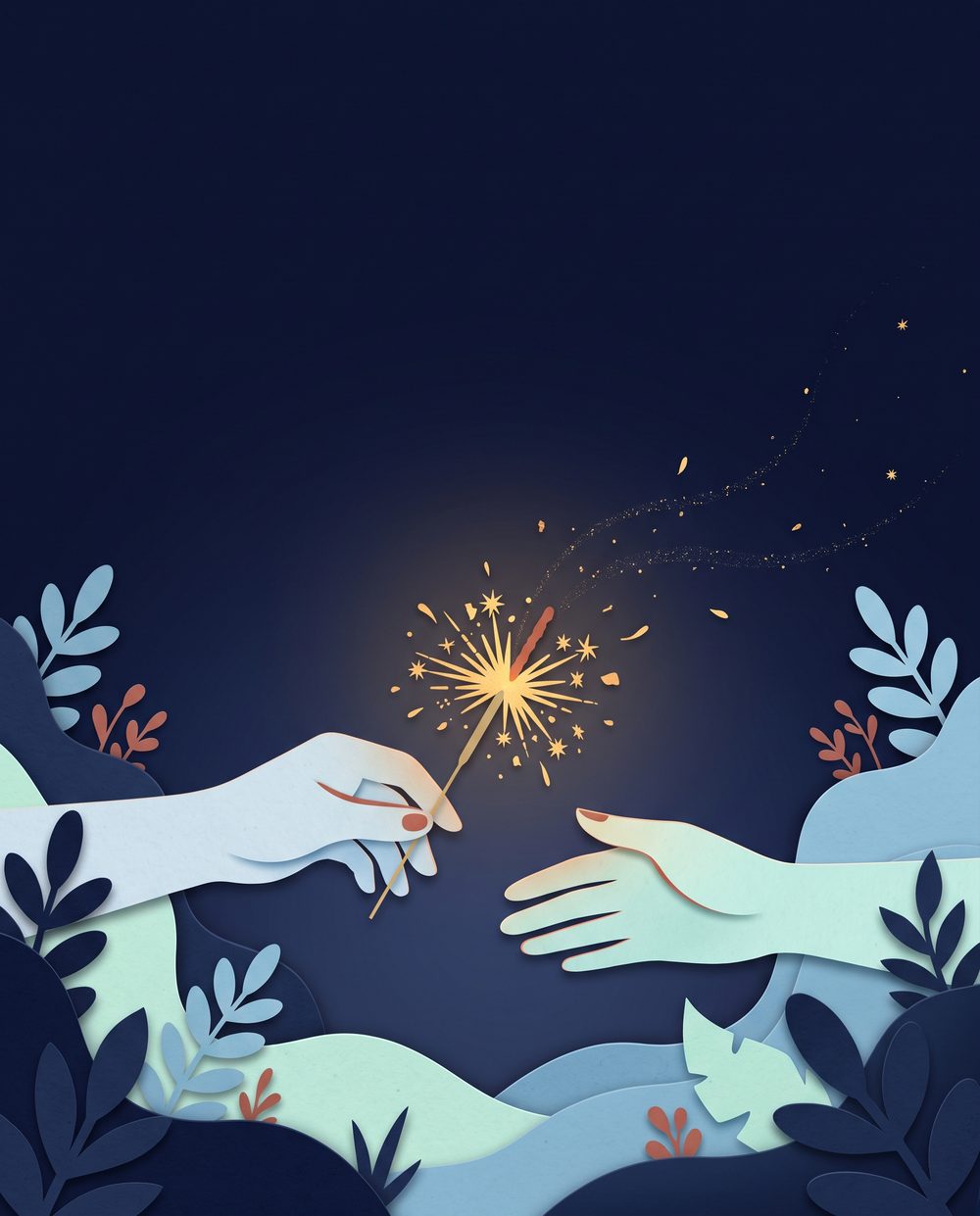Ilustración en papel recortado: una mano sostiene una bengala encendida y otra mano se extiende para recibirla, sobre un fondo azul profundo con hojas y chispas doradas.