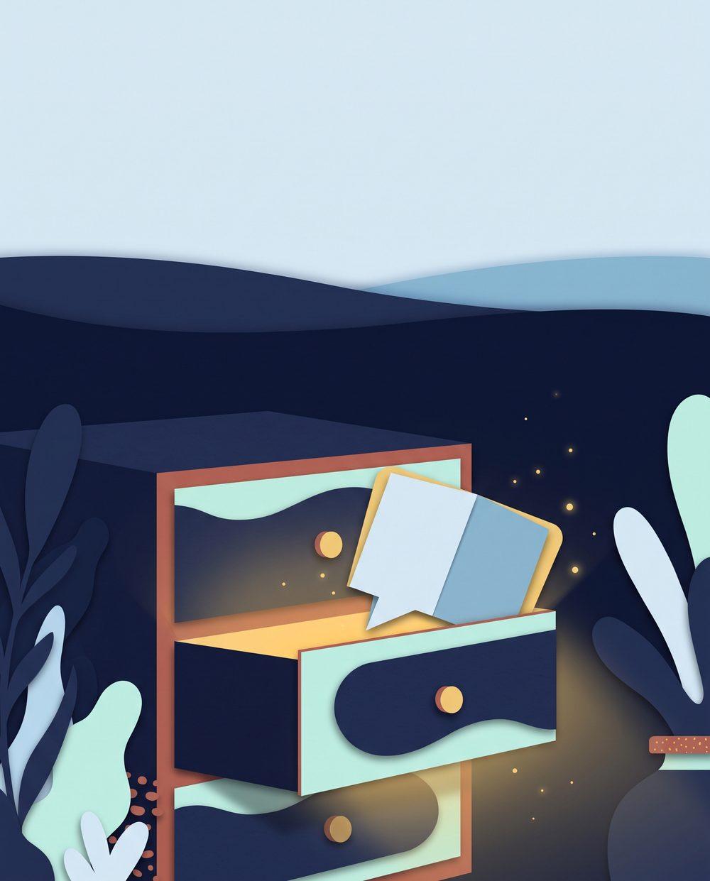 Ilustración en papel recortado: un cajón entreabierto de un mueble oscuro; de su interior sale un globo de diálogo doblado, rodeado de una luz dorada y pequeñas chispas.
