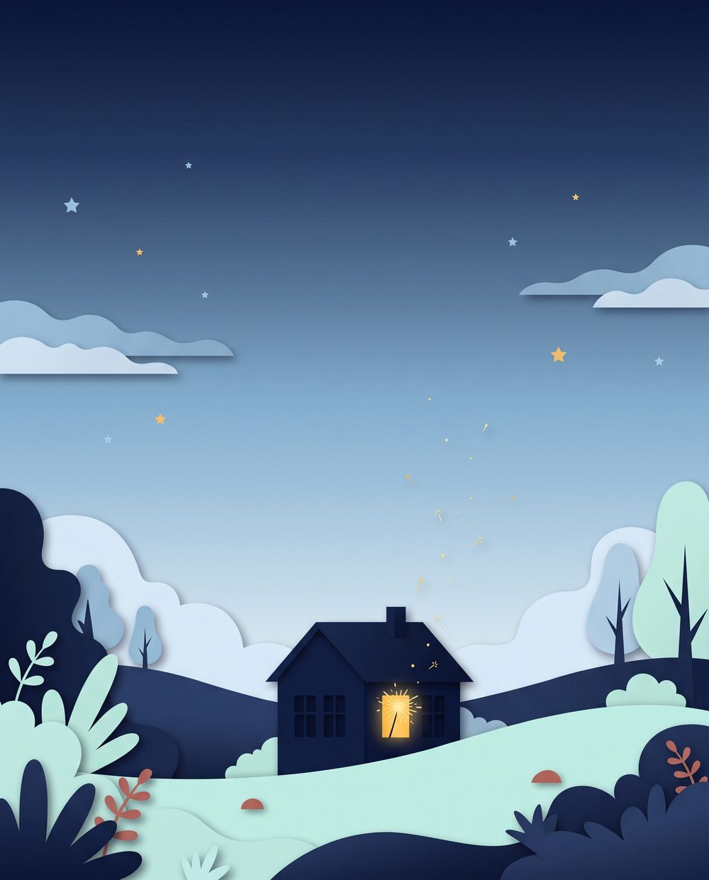 Ilustración en papel recortado: una casa oscura de noche entre colinas y árboles; en una de sus ventanas brilla una bengala encendida y sus chispas doradas suben hacia el cielo.