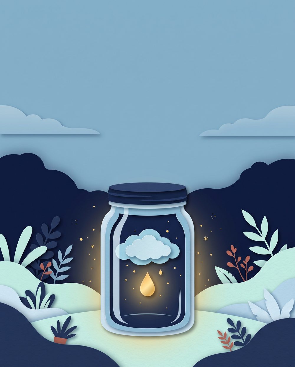 Ilustración en papel recortado: un frasco de vidrio cerrado con tapa oscura que contiene una pequeña nube, unas gotas y una gota dorada que brilla.