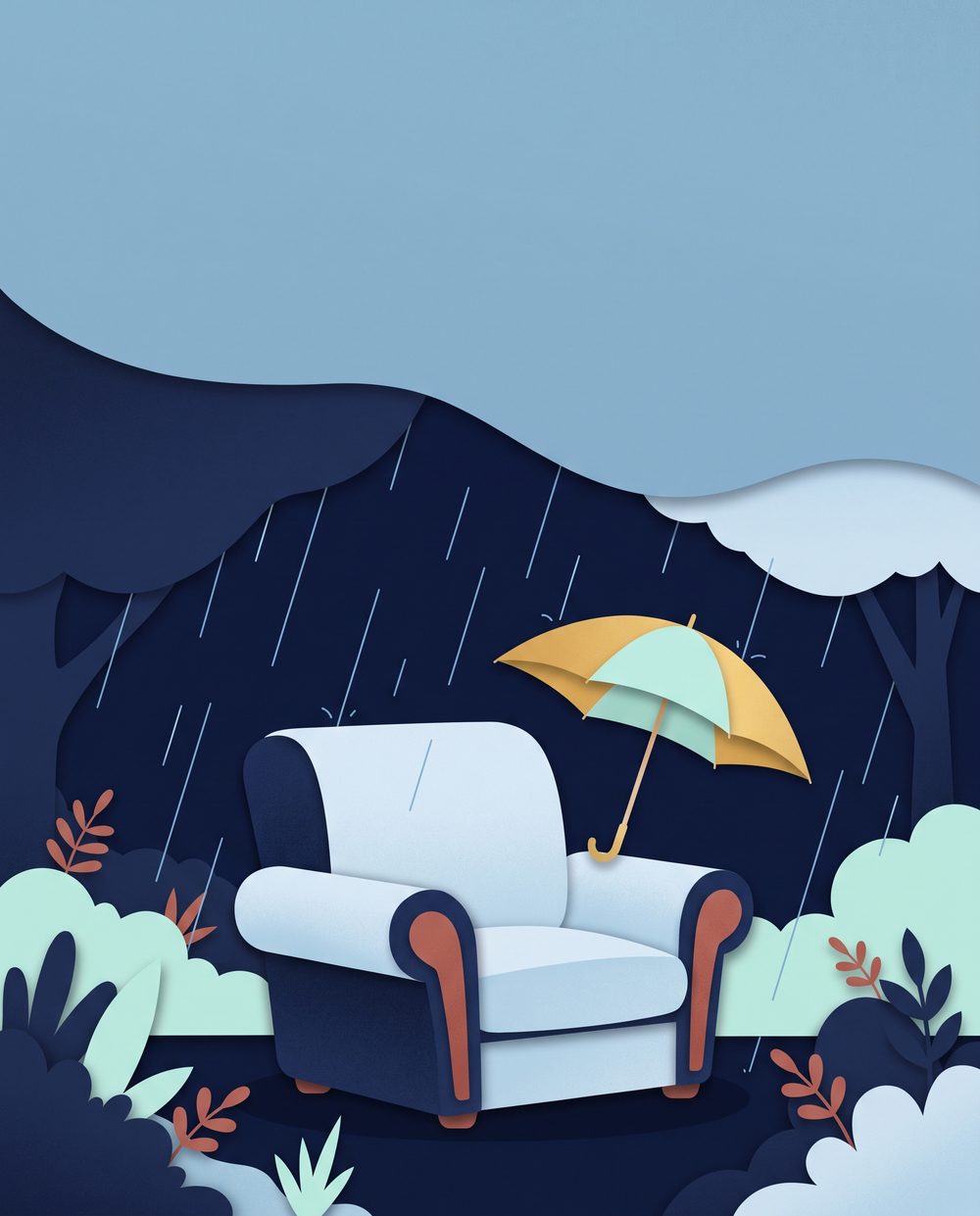 Ilustración en papel recortado: un sillón vacío bajo la lluvia y, junto a él, un paraguas abierto en tonos dorado y menta.