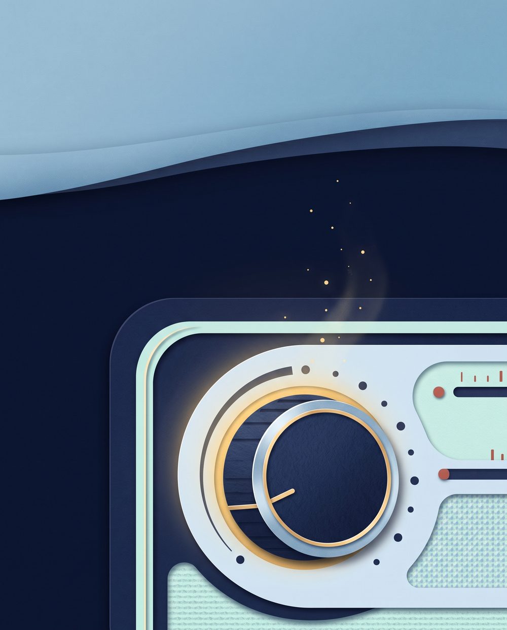 Ilustración en papel recortado: la perilla de una radio antigua girada casi por completo hacia el volumen mínimo, con un tenue resplandor dorado que se escapa por el borde.