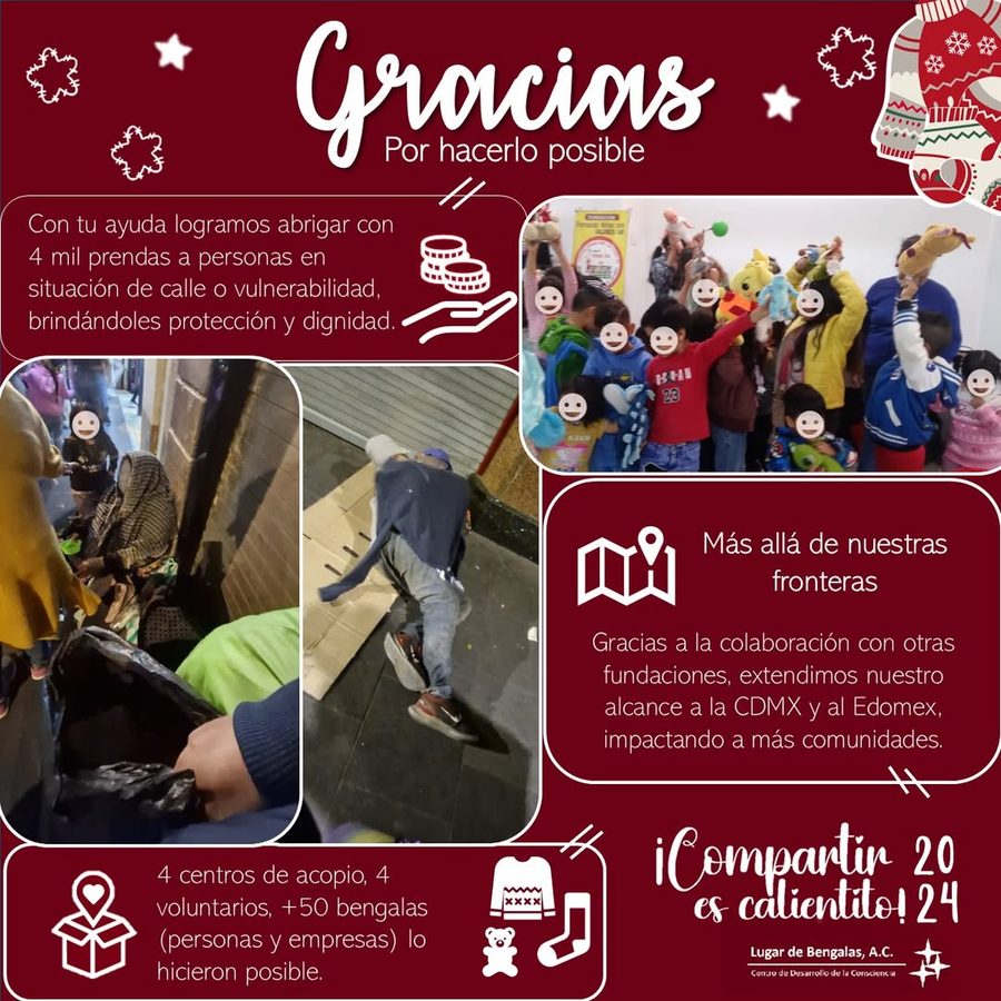 Niñas y niños de una comunidad beneficiada, con ropa y juguetes donados