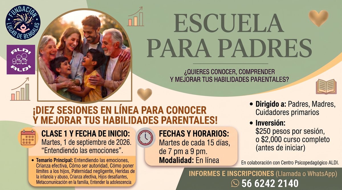 Escuela para Padres. ¿Quieres conocer, comprender y mejorar tus habilidades parentales? Dirigido a padres, madres y cuidadores primarios. Clase 1 y fecha de inicio: martes 1 de septiembre de 2026, Entendiendo las emociones. Fechas y horarios: martes de cada 15 días, de 7 pm a 9 pm, en línea. Inversión: $250 pesos por sesión, o $2,000 curso completo antes de iniciar. En colaboración con Centro Psicopedagógico ALDI. Informes e inscripciones por llamada o WhatsApp al 56 6242 2140.